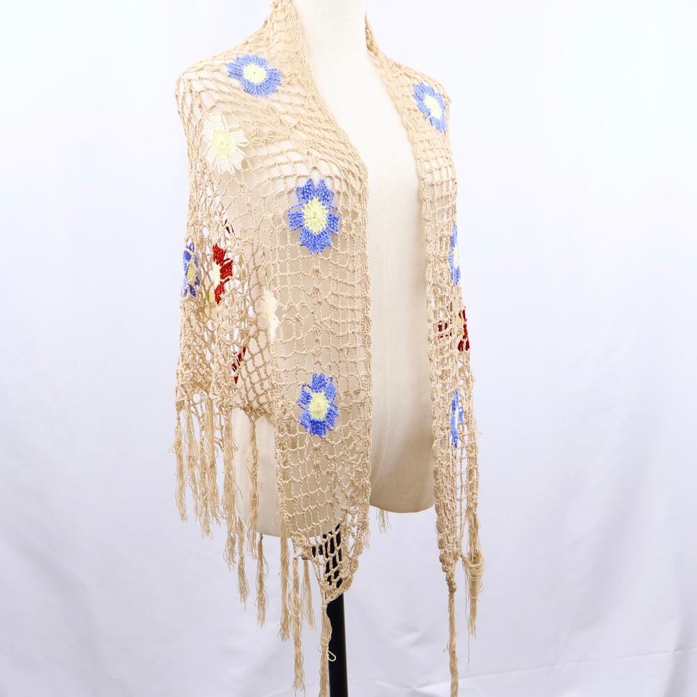 Vintage Crochet Floral Shawl Wrap Fringe Boho Festival‎ Beach Cover Up Triangle